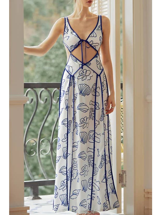 White Marine Organism Pattern Backless Plunge Maxi Dress for wholesale on Faire