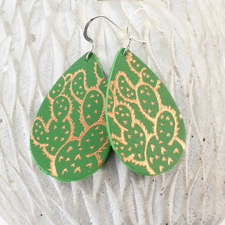 OneWild - Wholesale Dangle Earrings - Prickly Pear Cactus - Metallic Leather Embossed Earrings7
