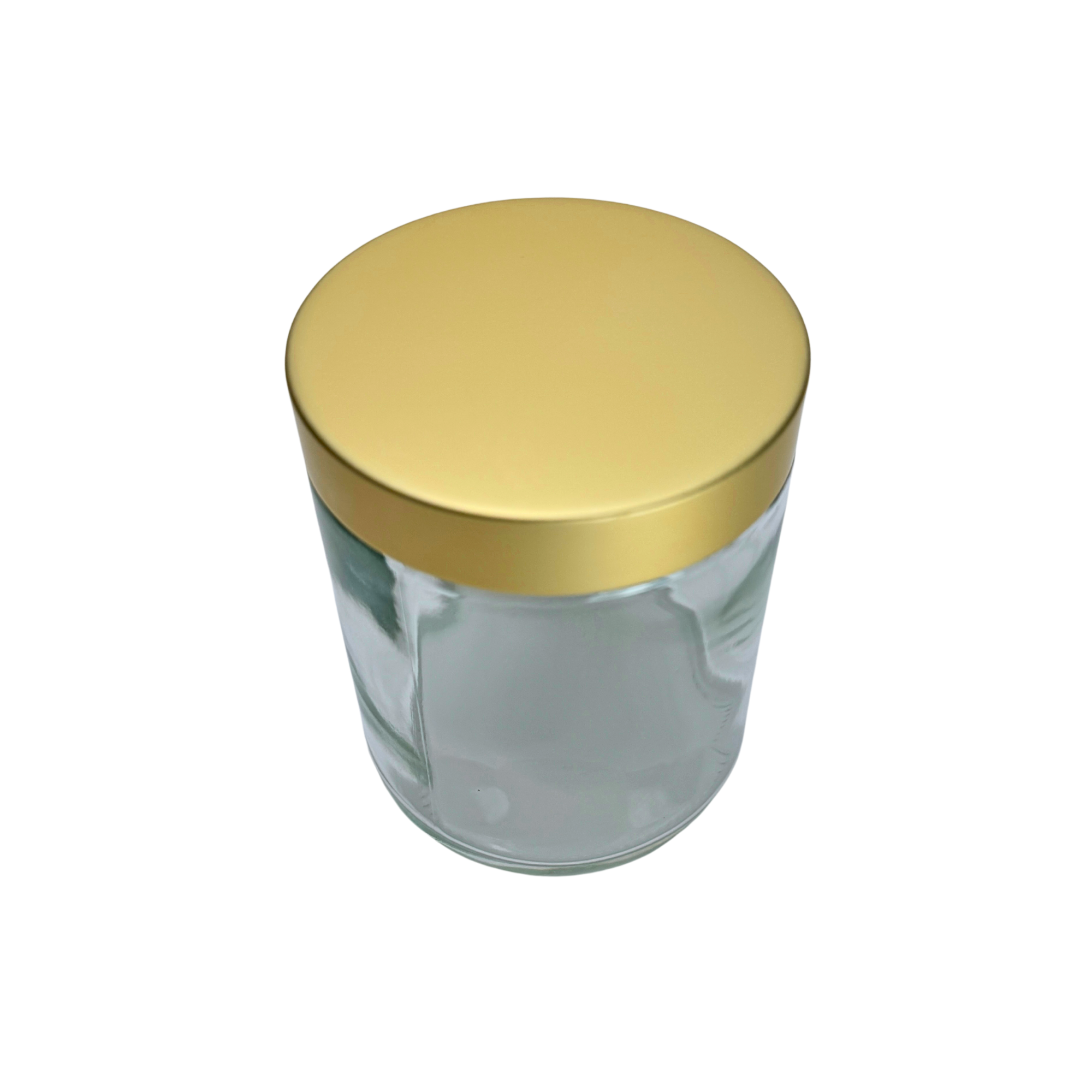 The Bottle Shoppe - Wholesale Jar - 8oz Clear Glass Straight Sided Jar with Brushed Gold Lid2