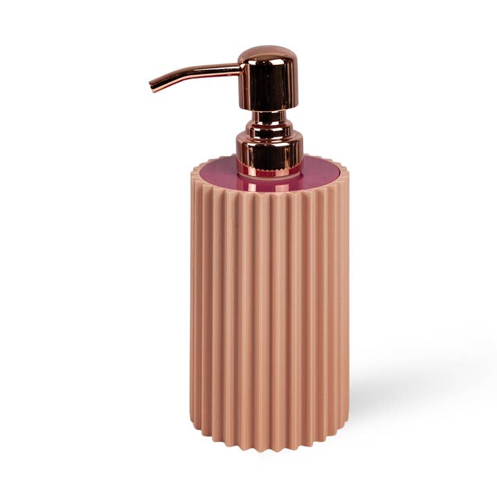 Rose Gold Ribbed Soap Dispenser – 10 oz With Gold Stainless Steel Pump for wholesale by Joie Designs Co. | Refillable Bottles
