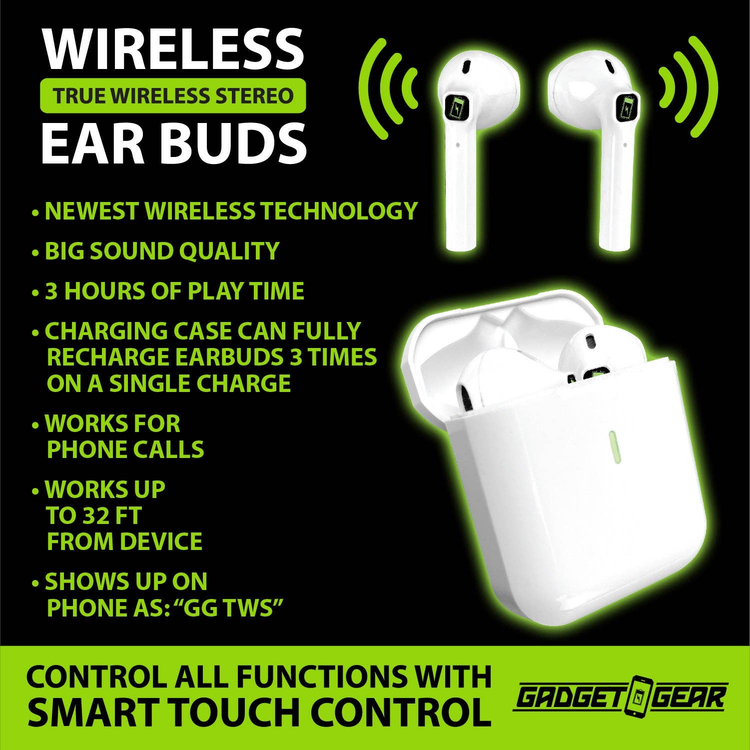Novelty Brands - Wholesale Retailer Display - Accessories - Gadget Gear Smart Wireless Earbuds With Case - 6/Display1