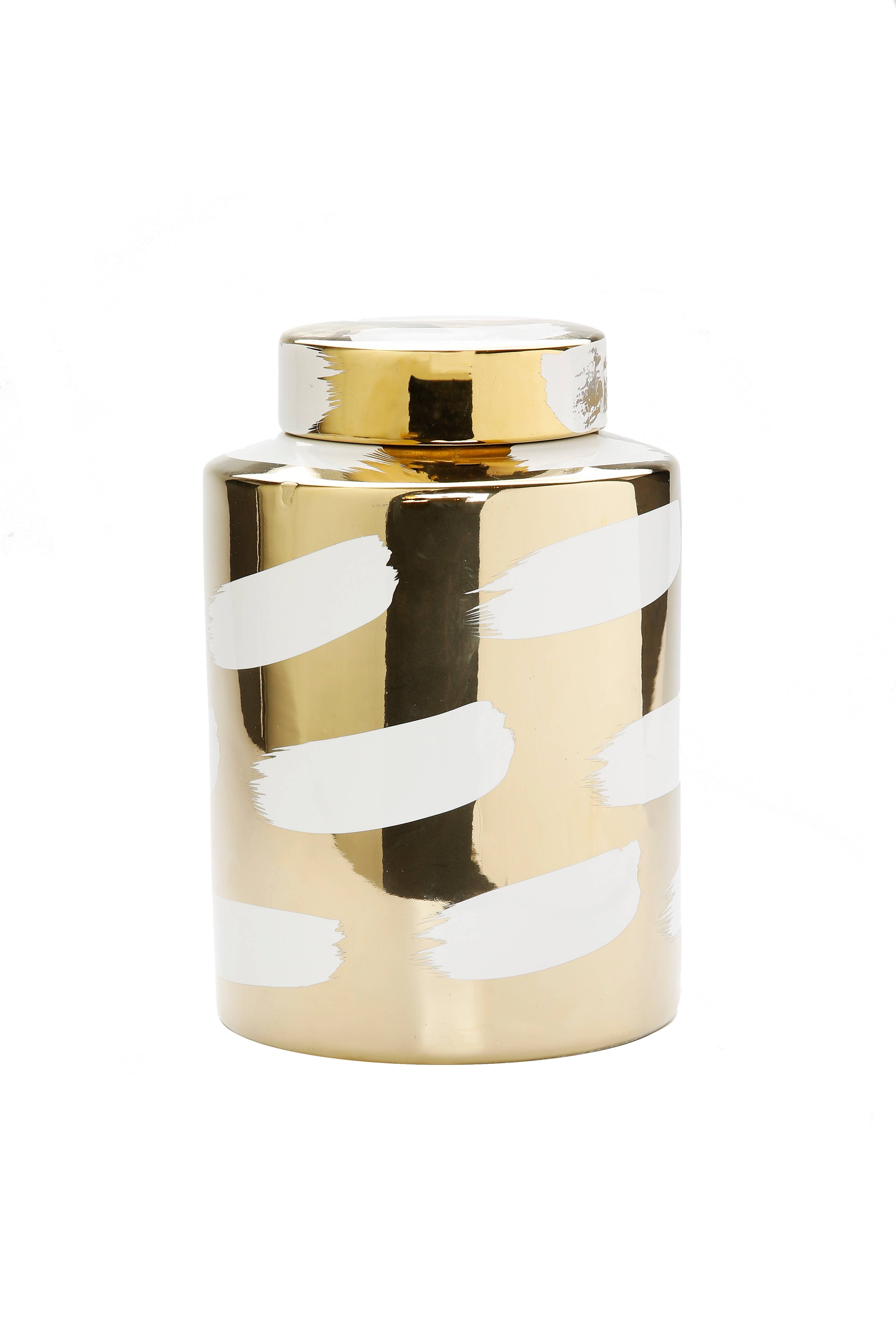 VIVIENCE - Wholesale Decorative Jar - Gold Porcelain Jar with Cover White Brush Design0