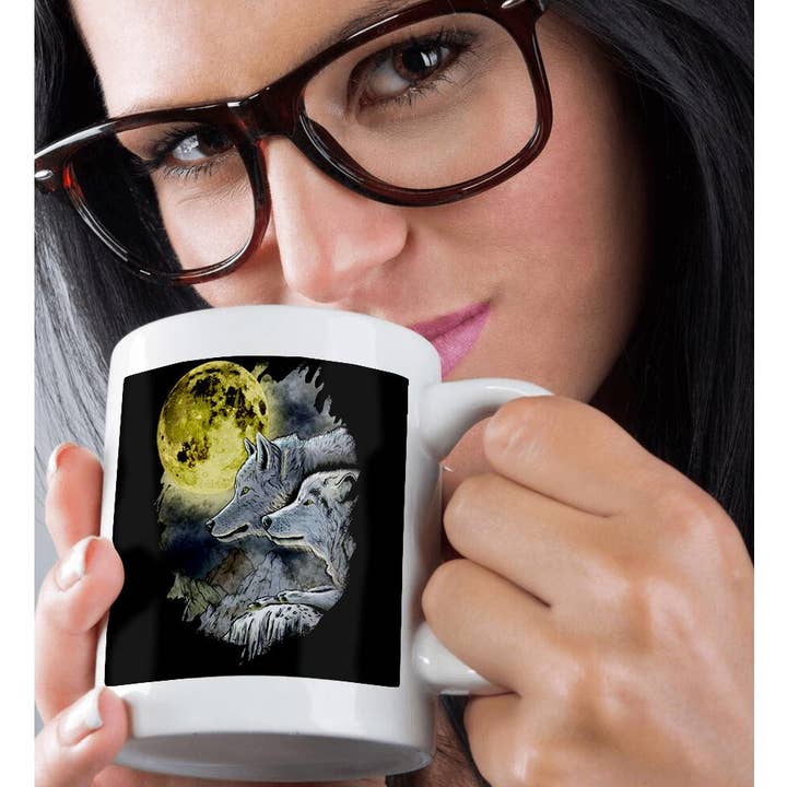 3dRose - Wholesale Coffee Mug - 3dRose, Drawing of Beautiful Wolves and a Yellow Moon, Mug9