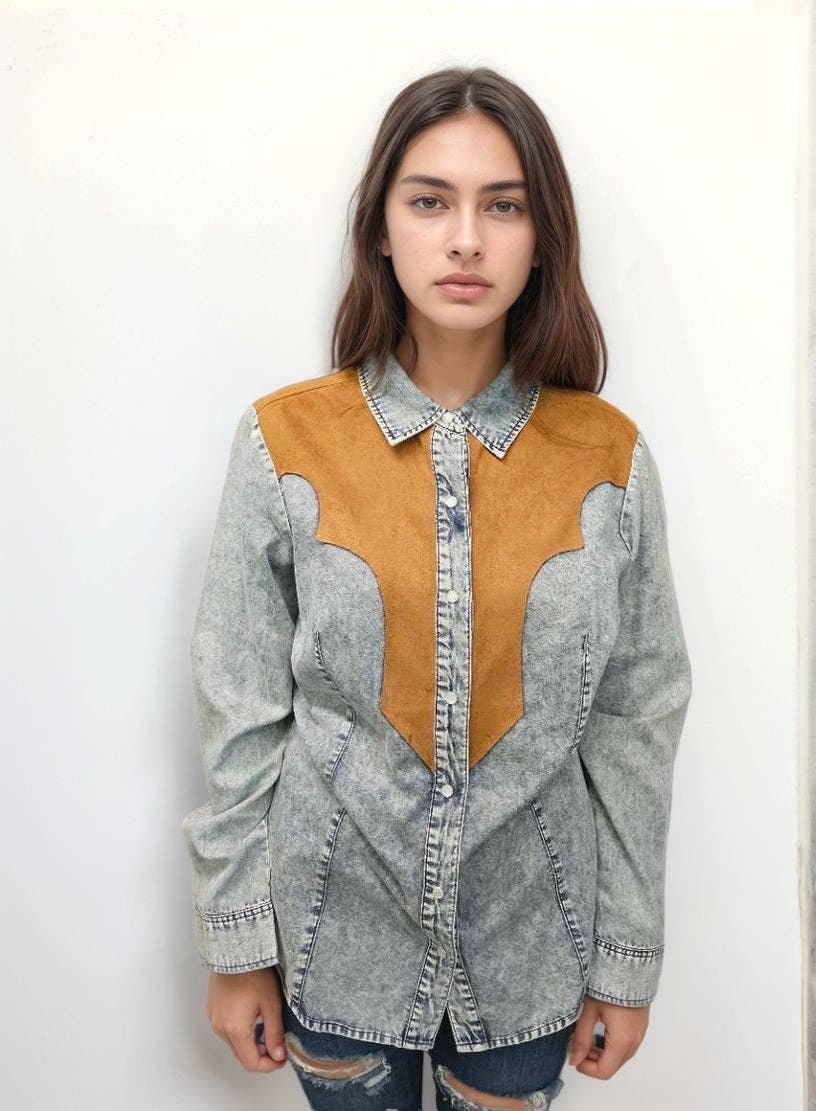 Denim MK778 Denim Pearl Snap Knap Op Skjorte for engroshandel på Faire