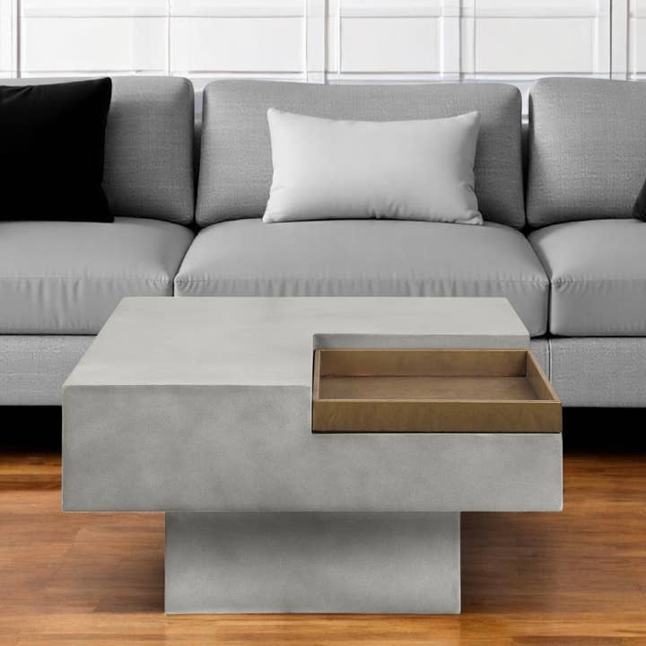 32" Gray Cement Square Distressed Pedestal Coffee Table for wholesale by HomeRoots