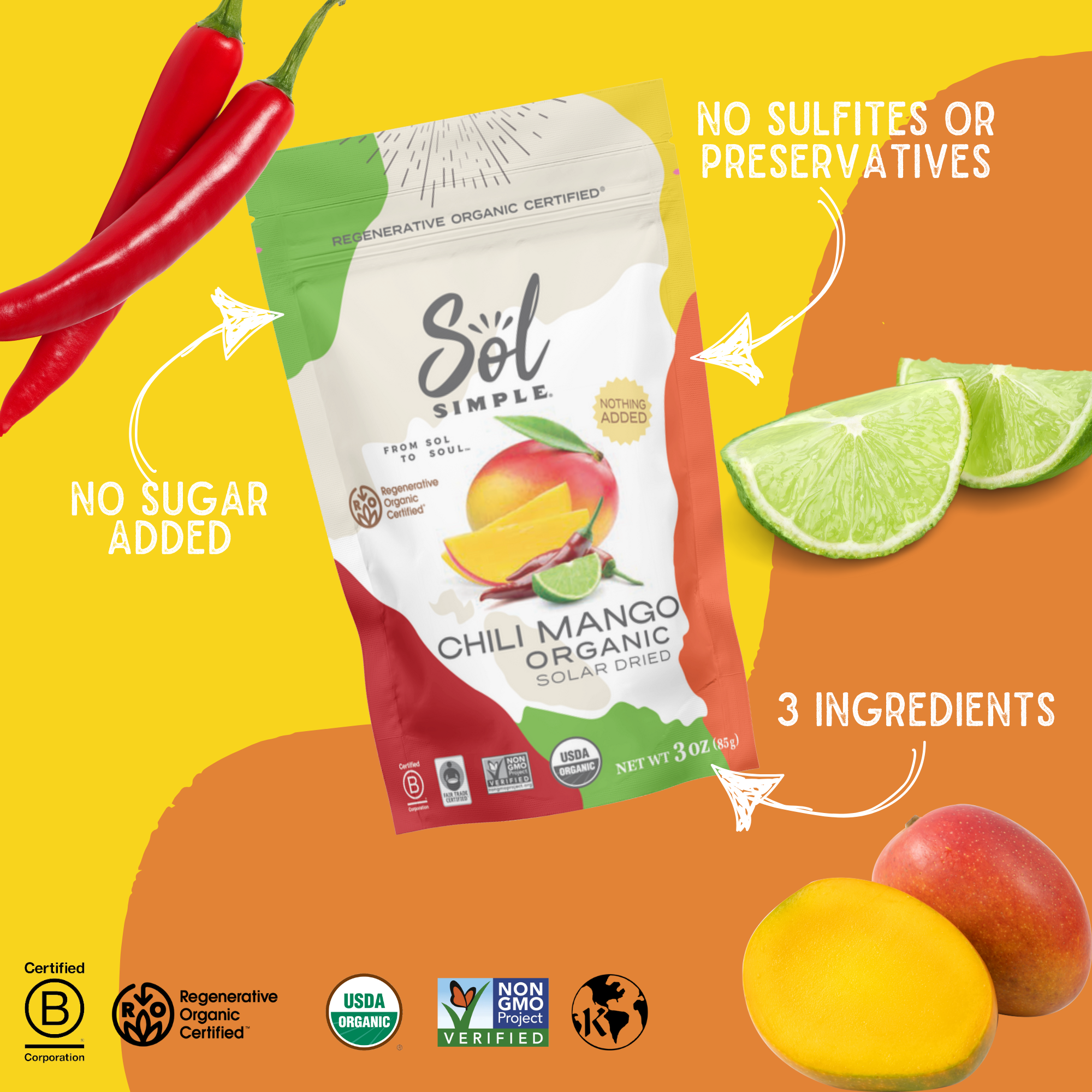 Sol Simple - Wholesale Dried/Dehydrated Fruit - Regenerative Organic Certified Solar Dried Chili Mango-3oz 2