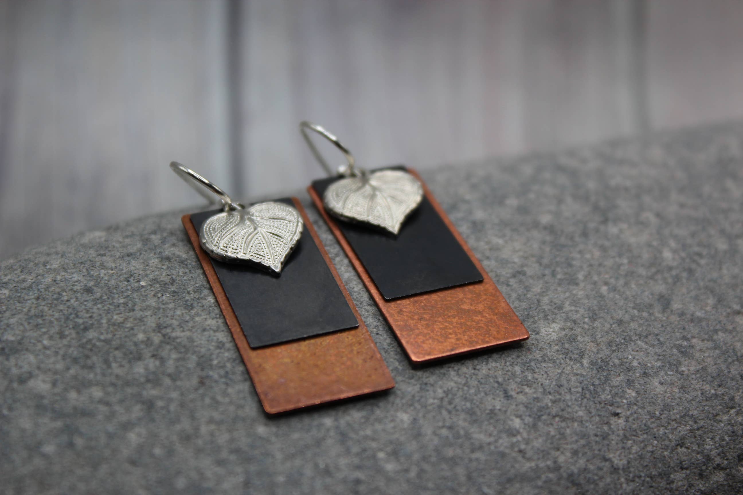 Harper House Studio - Wholesale Dangle Earrings - Layered Copper, Black & Silver Leaf Earrings – Mixed Metal