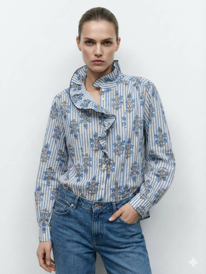 Mimi & Gogo – Großhandel Hemd mit Button-down-Kragen – Damen – Bohemien-Bluse mit Volants und Muster, Einheitsgröße 34-423