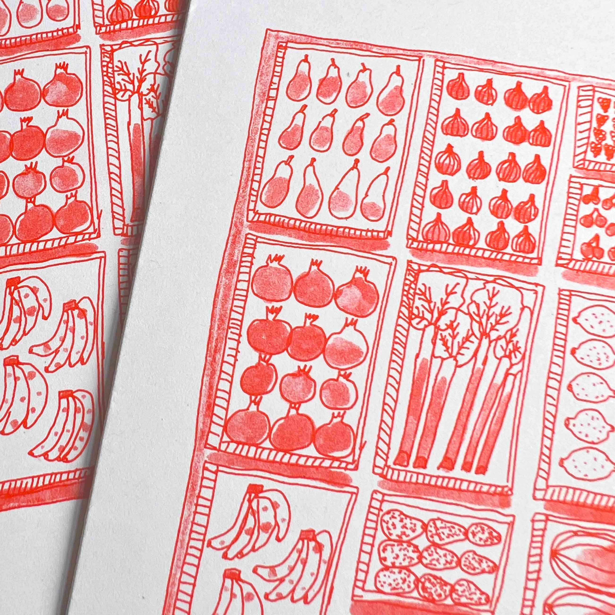 Hot Pink Press - Vendita all'ingrosso Biglietti di auguri generici - Carta del Mercato della Frutta | Stampata in Risograph | Carta del Negozio1