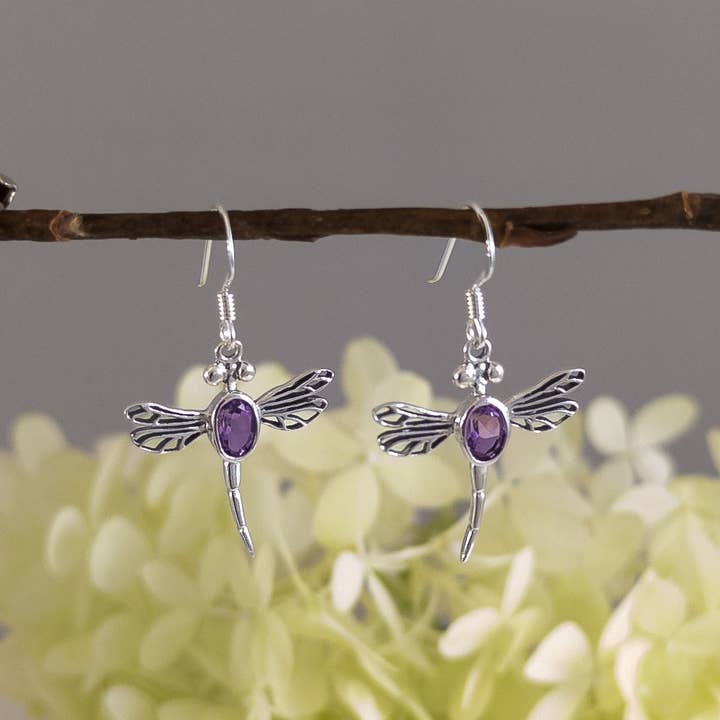 Dragonfly with Amethyst Earrings in Sterling Silver for wholesale by The Green Gecko