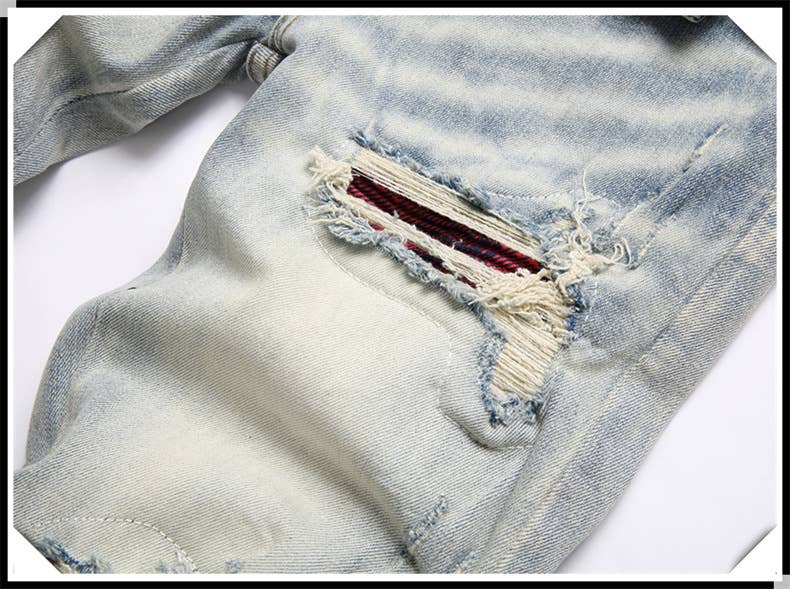 Blå Broderade slitna jeans herr slim fit skinny jeans för wholesale på Faire4