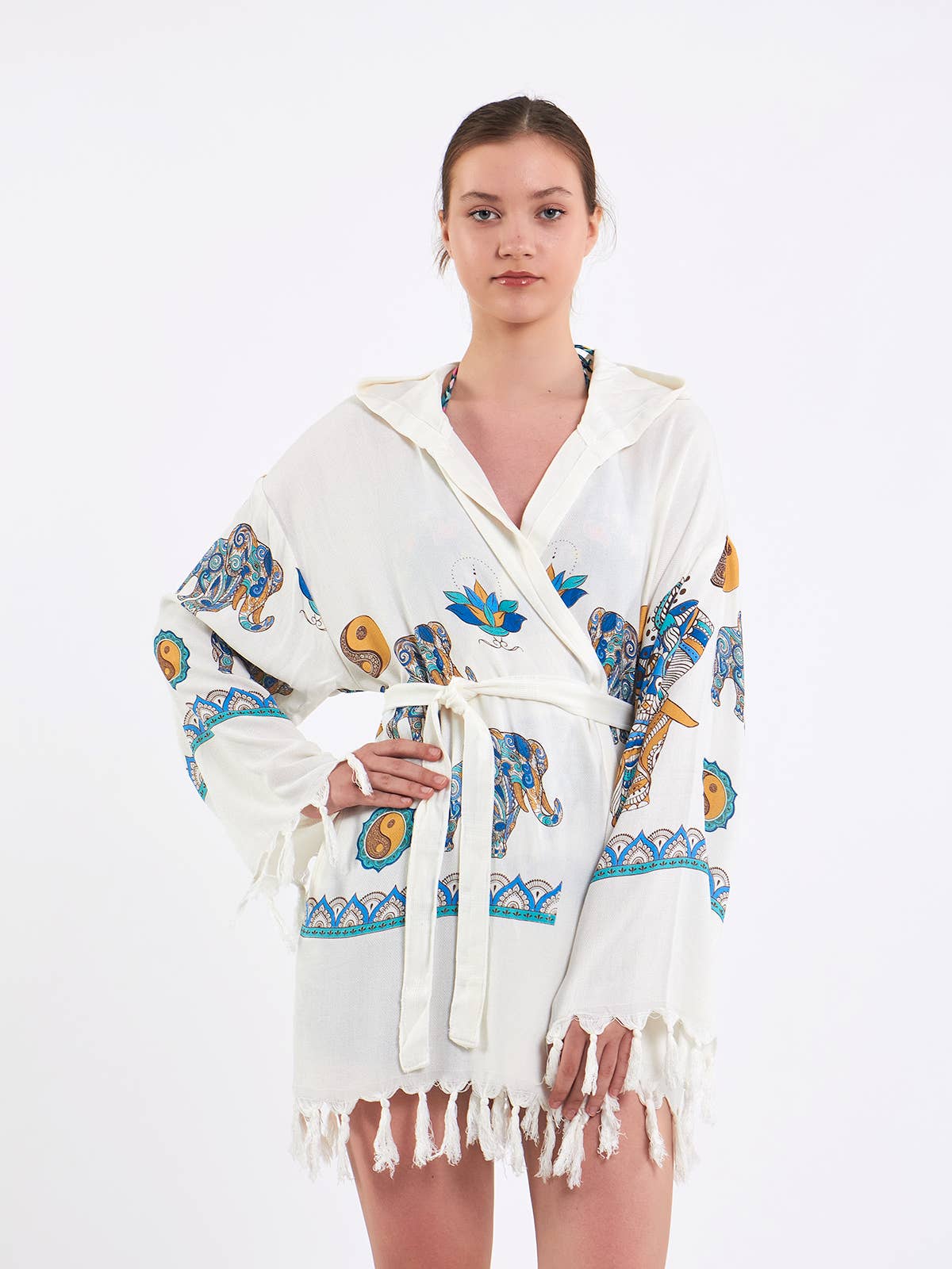 Yaz Concepts - Wholesale Beach Towel - Elephant and Yin Yang Hooded Pareo Wrap Short Turkish Robe10