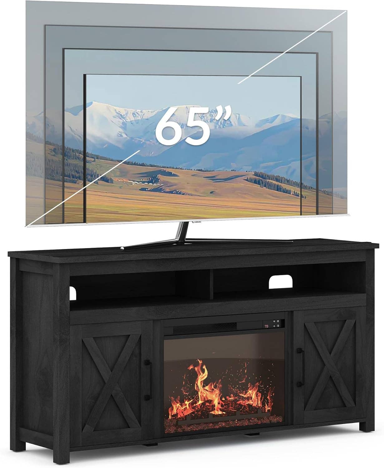 58 Inch Farmhouse TV Stand With Electric Fireplace Grey for wholesale on Faire8