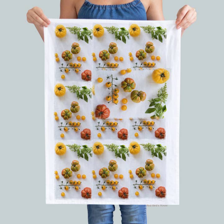 Tomatoes Collage Kitchen Towel Full Frame for wholesale by Red Bird’s House