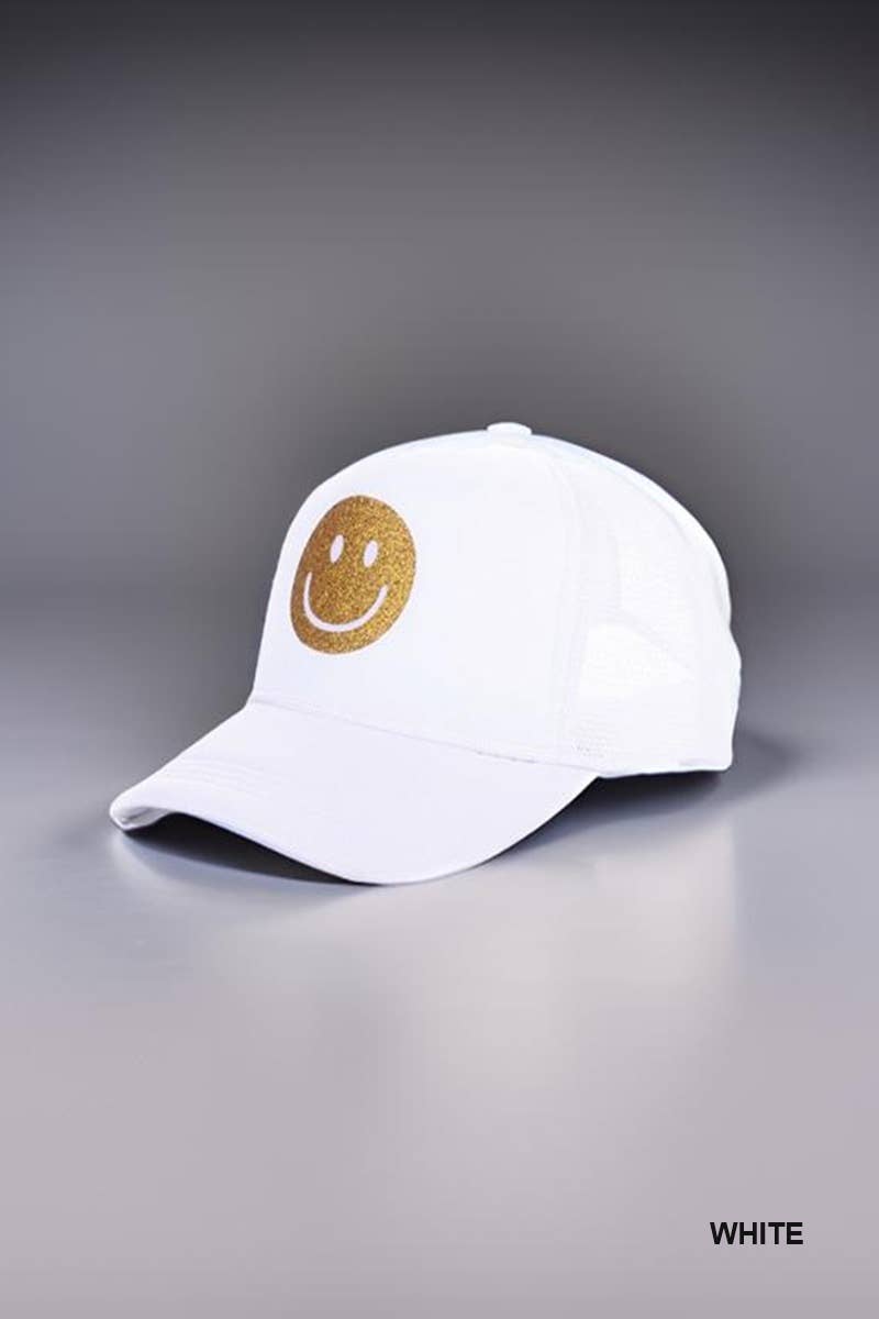 42POPS - Vente Casquette de camionneur – femme - .....SI-26428 Casquette de camionneur avec visage souriant pailleté "Be Happy"