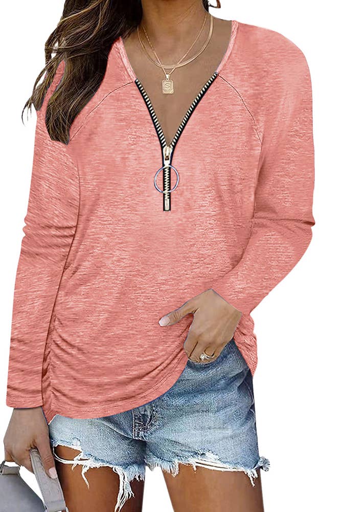 UNISHE - Wholesale Tunic - Women's - V Neck Zipper Plain Top ZZKF1961