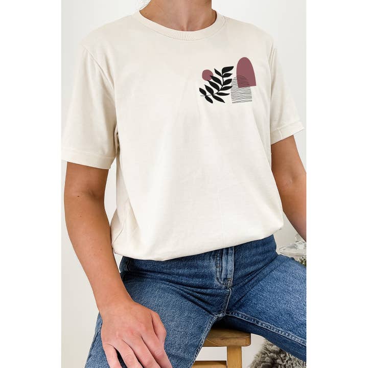 T-shirt graphique à imprimé de poche abstrait de printemps Plant and Shapes pour la vente par Select Apparel