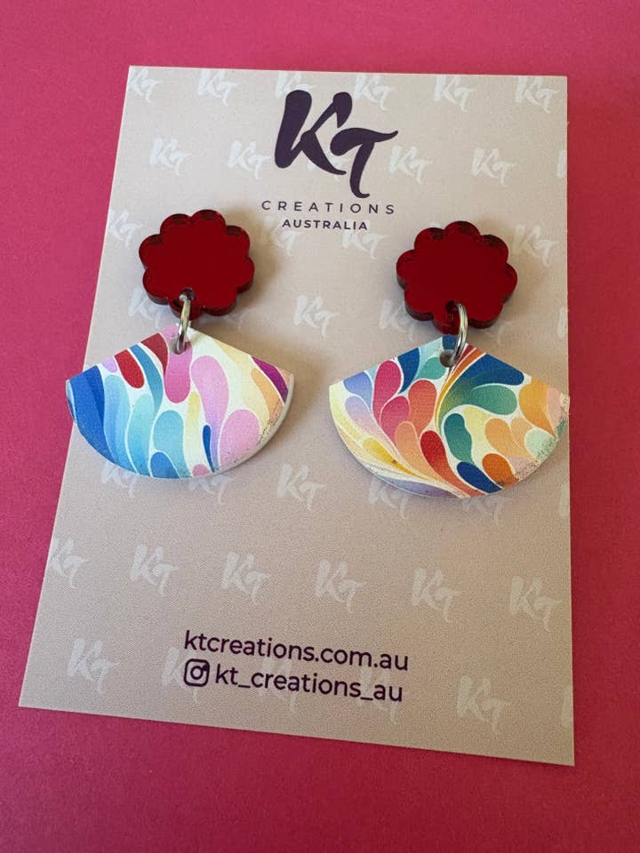 Mini Multi Colour Abstract Art Acrylic dangles - red topper for wholesale by KT Creations Australia