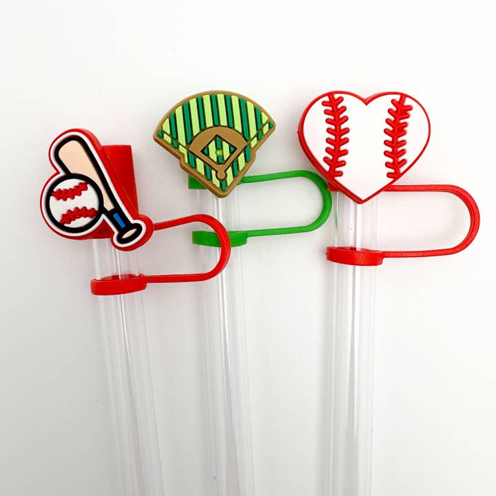 Vroom Blooms - Wholesale Drinking Straw - Straw Topper 3 pack - Heart Baseball, Baseball Field, Bat 1