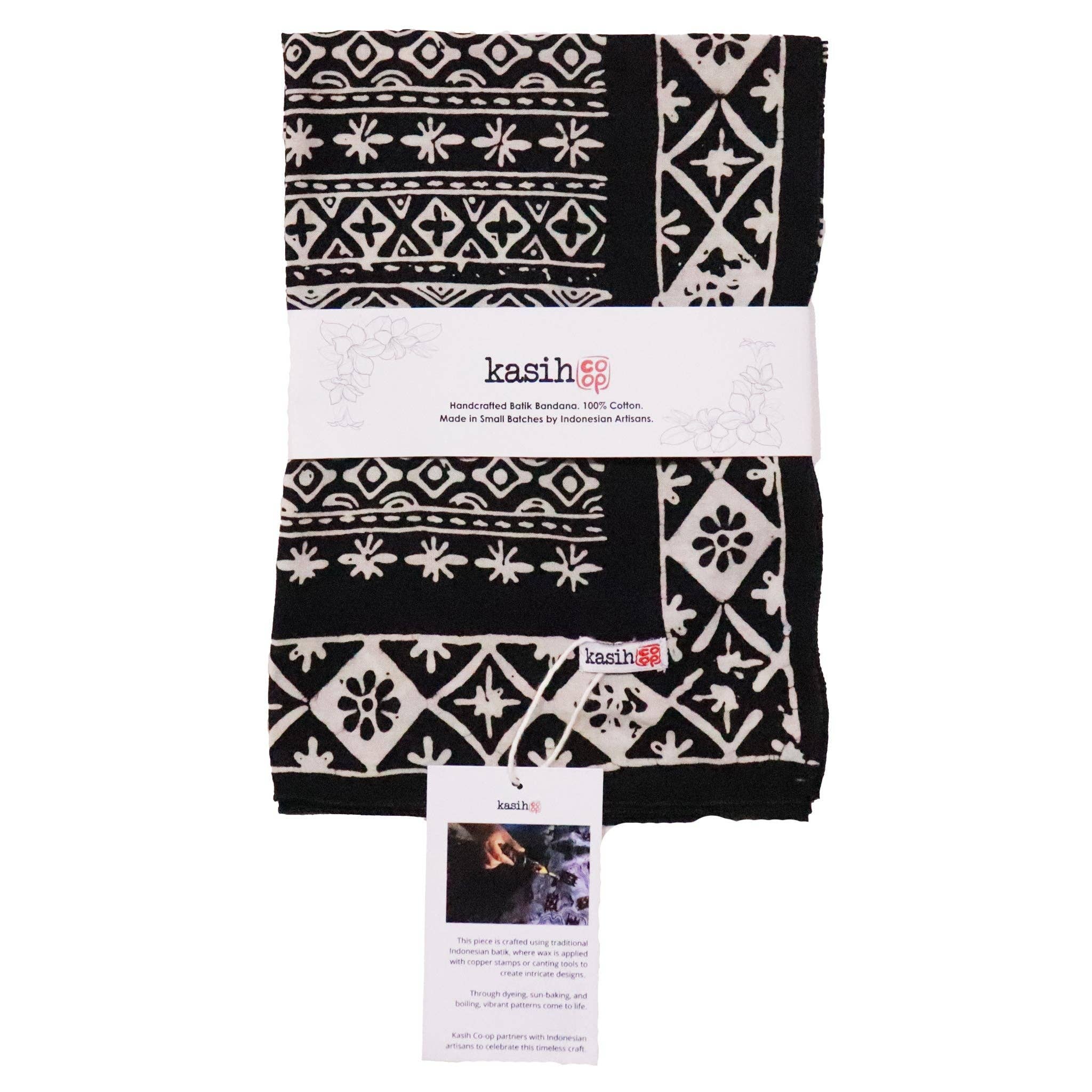 Kasih Co-op – Engroshandel Bandana - Dame – Håndfarvet Batik Bandana, 100% Bomuld, Sort Hvid Geometrisk, Håndstemplet10