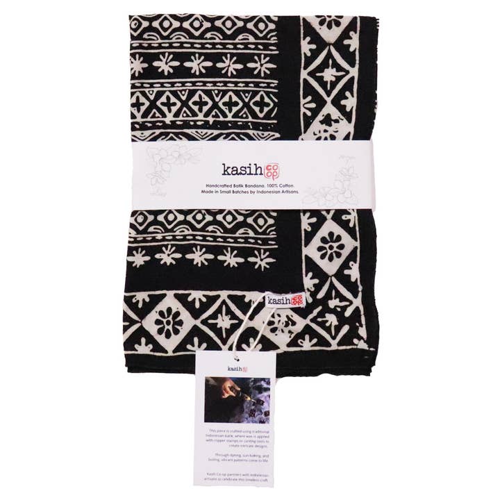 Kasih Co-op - Wholesale Bandana - Women's - Hand Dyed Batik Bandana, 100% Cotton, Black White Geometric, Hand-stamped10