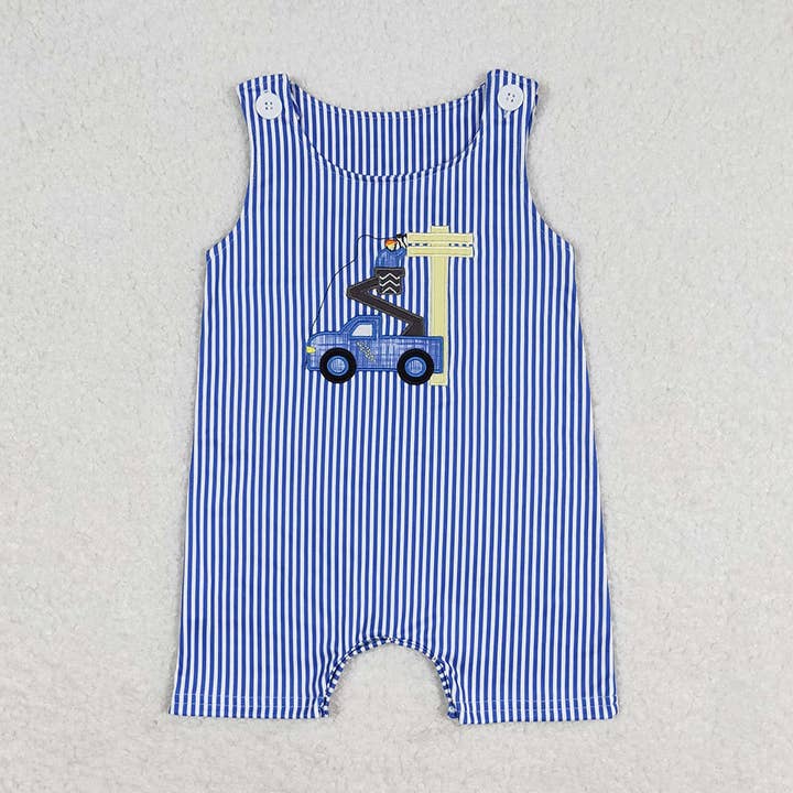 Baby Infant Boys Line Man Truck Blue Stripes Sleeveless Rompers for wholesale by Aier Wholesale