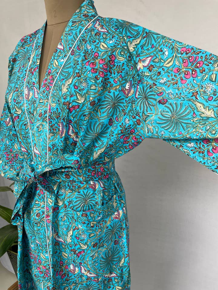 The Eastern Loom - Wholesale Kimono - Women's - Boho House Robe Summer Kimono Pure Cotton Aqua Hue Butterfly