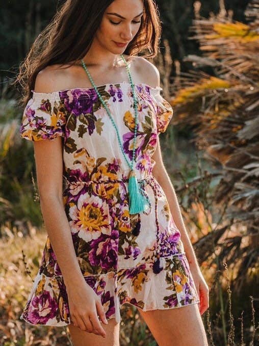 Abito estivo corto in cotone bianco viola, abito boho, abito corto, abito da spiaggia, abito a tunica, abito da vacanza, abito da vacanza, abito estivo Cali per la vendita all'ingrosso da parte di Miss Kitsch