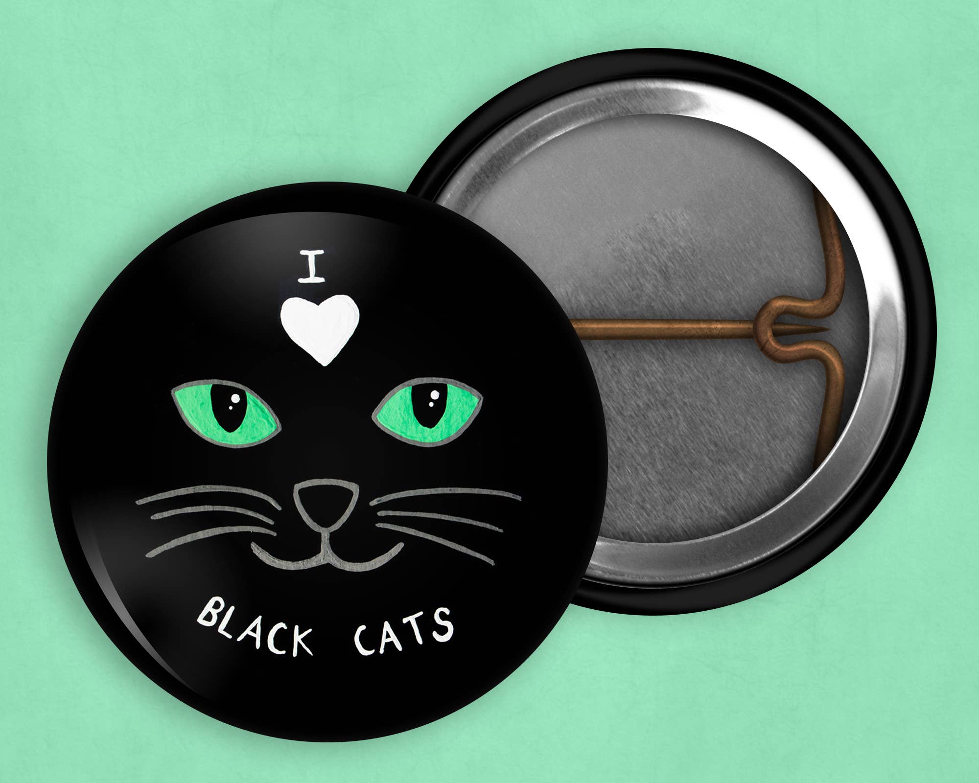 Caroline W Illustration - Wholesale Lapel Pin/Button - I love black cats pin (1 inch diameter)2