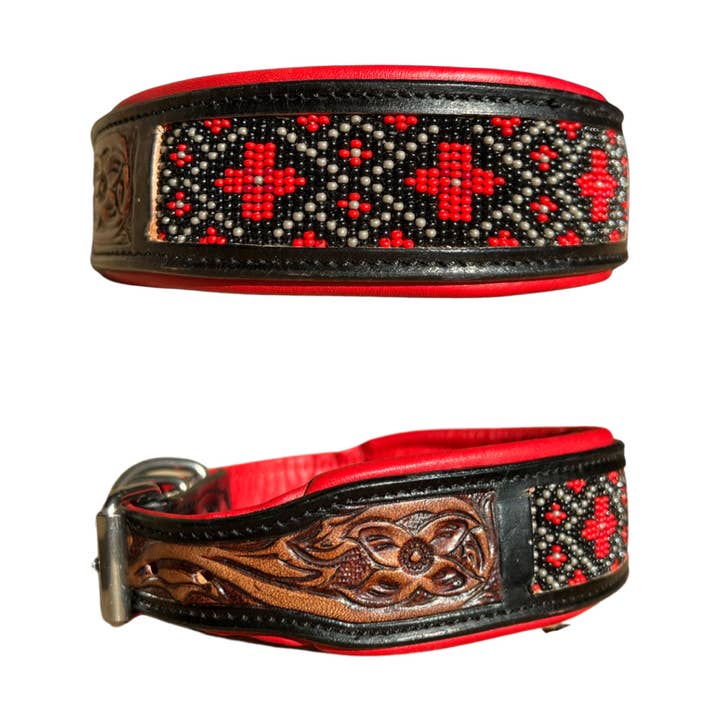 Kardinal Tooled Sadel Læder Rød Beaded Hundehalsbånd for engroshandel hos Westrian International