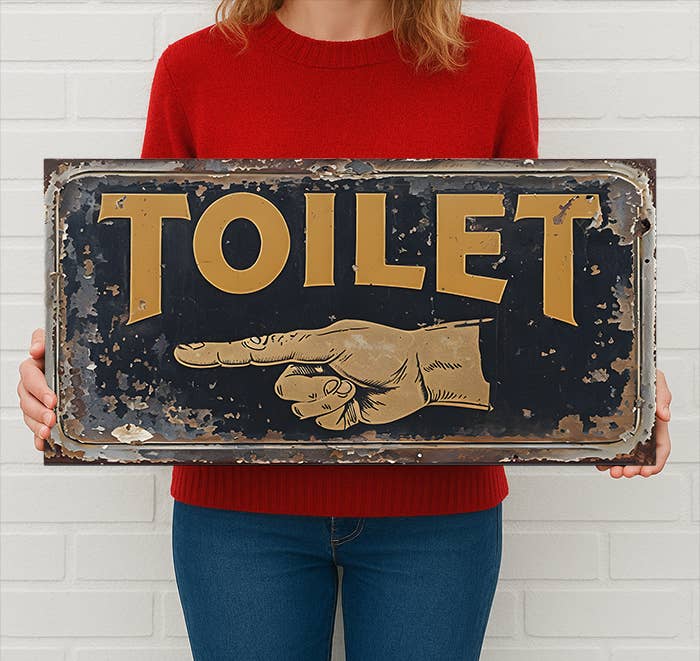 The British Metal Signs Company – Sinal por atacado – Placa de Metal para Casa de Banho com Mão a Apontar – Decoração de Estilo Vintage0