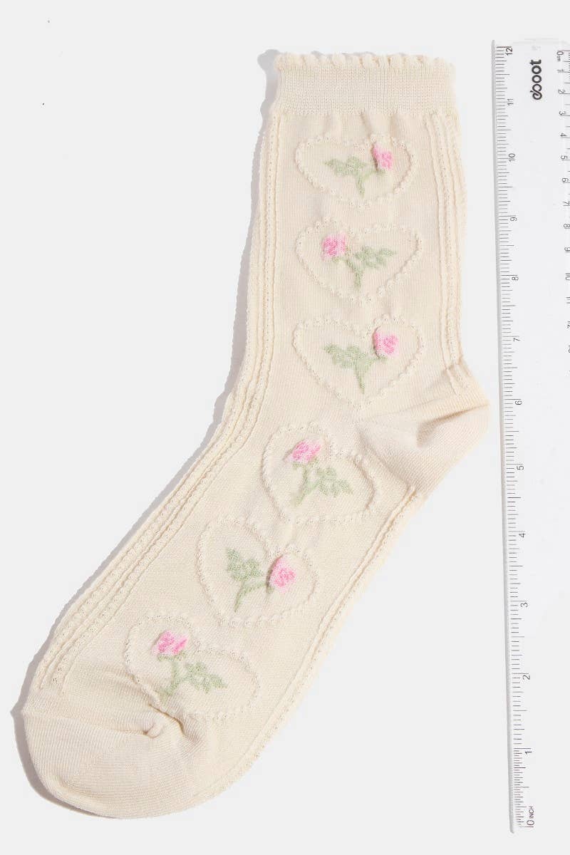 Beige Heart Halo Flower Embroidered Socks for wholesale on Faire2