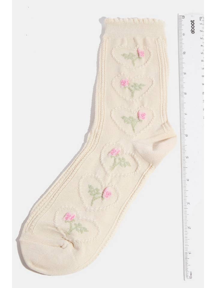 Beige Heart Halo Flower Embroidered Socks for wholesale on Faire2