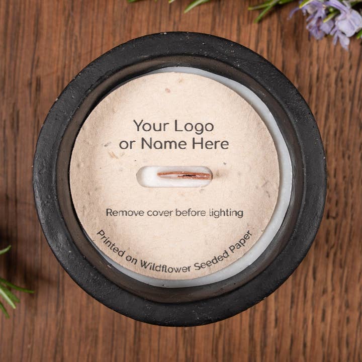 Custom Printed Eco Natural Seeded Candle Dust Covers, Beautiful Wildflower seeds, Twice Recycled Paper, for wooden wick for wholesale by Fernery Designs