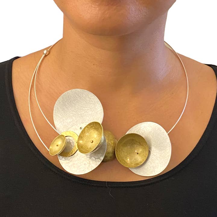 SKY Wow Factor Mixed Metal Structrual Statement Necklace with Front Closure from the SCULPTURE Collection for wholesale by Chick Boss LLC