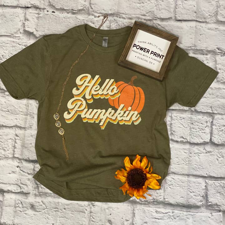 Think Ability Inc. - Power Print - Wholesale Screen Printed T-Shirt - Women's - Hello Pumpkin - Short Sleeve Tee0