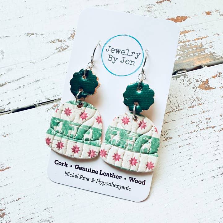 Jewelry By Jen - Wholesale Dangle earrings - Winter Hat Earrings: Green & Red Reindeer2