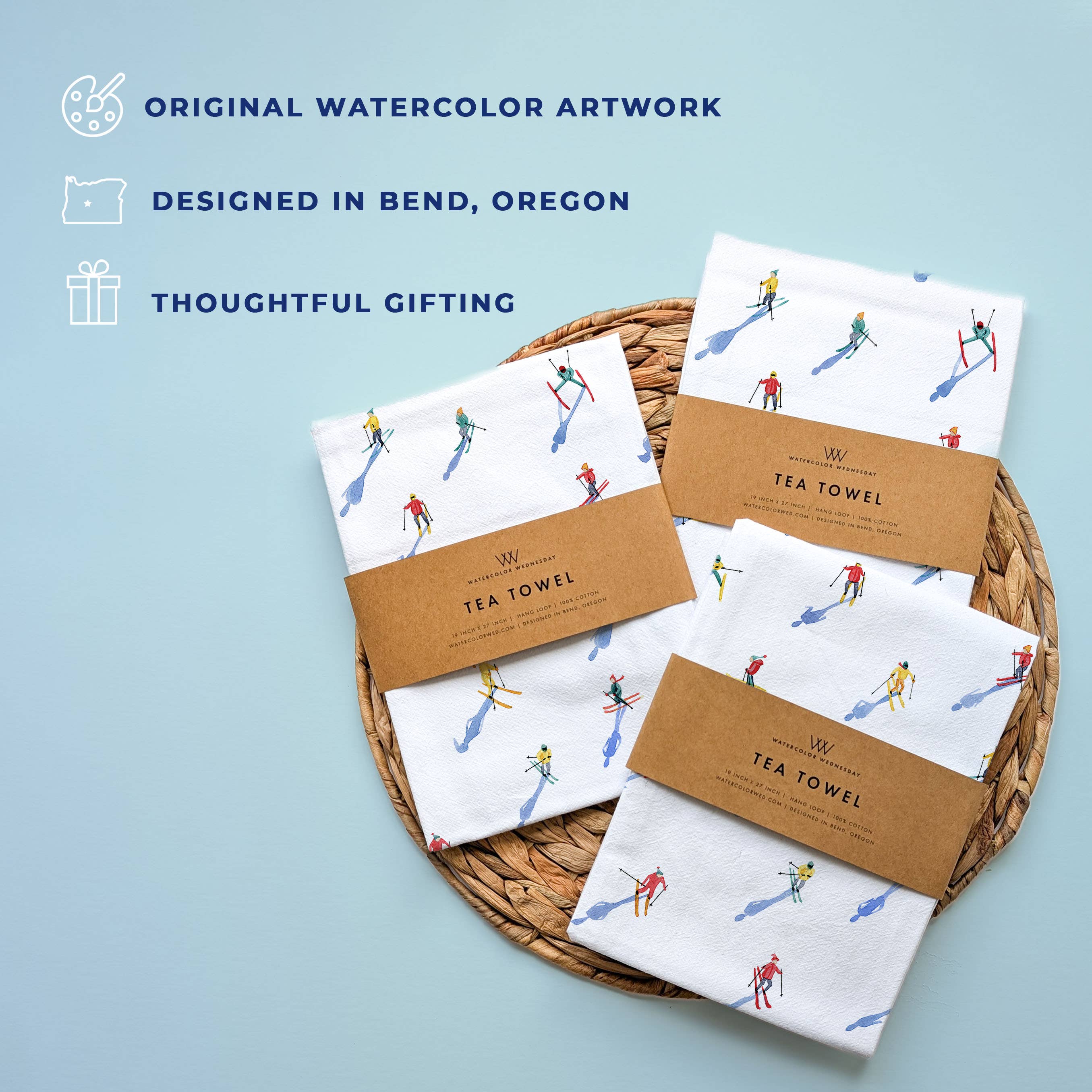 Watercolor Wednesday – Toalha de chá por atacado – Pano de prato Skiers | Toalha de cozinha para festas de inverno Apres Ski3