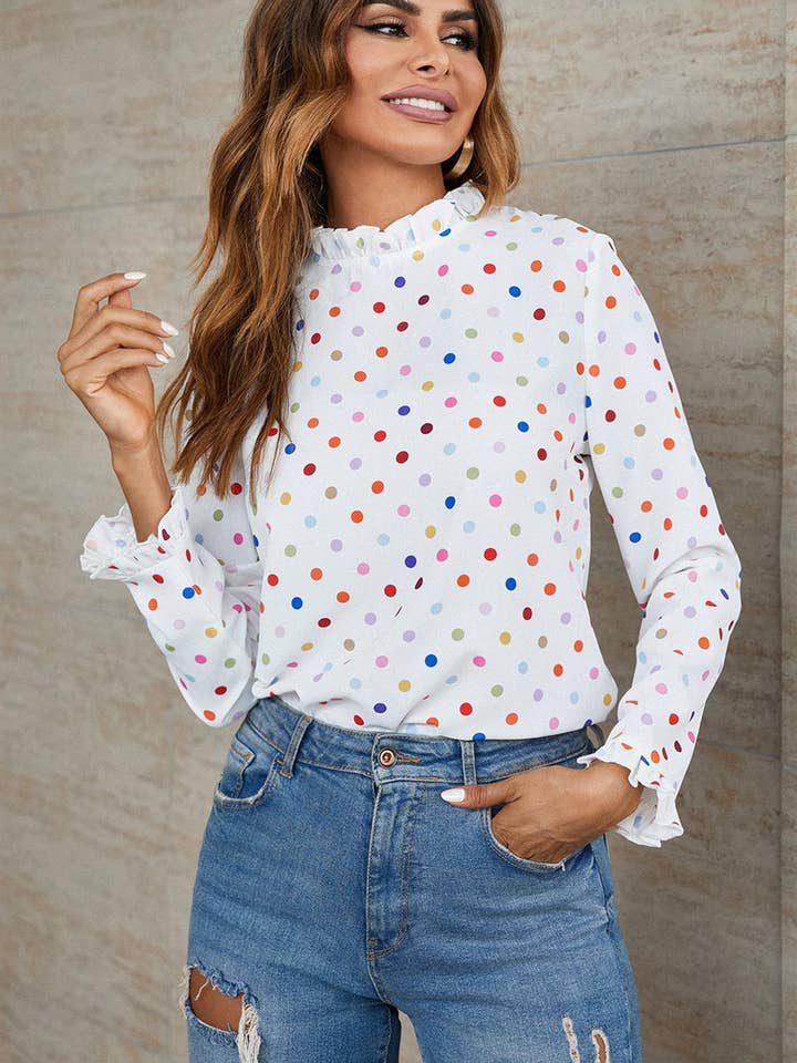 Polka Dot Print Frill Detail High Neck Top In White for wholesale on Faire6