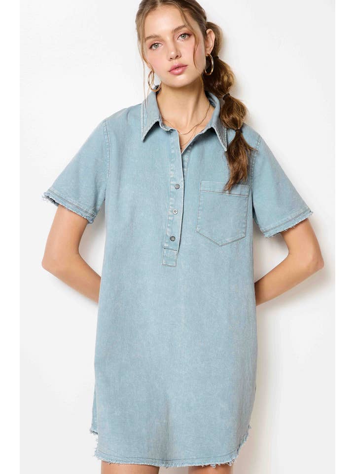 Sky MCD9319-Mineral Washed Raw Edge Light Denim Tunic Dress for wholesale on Faire