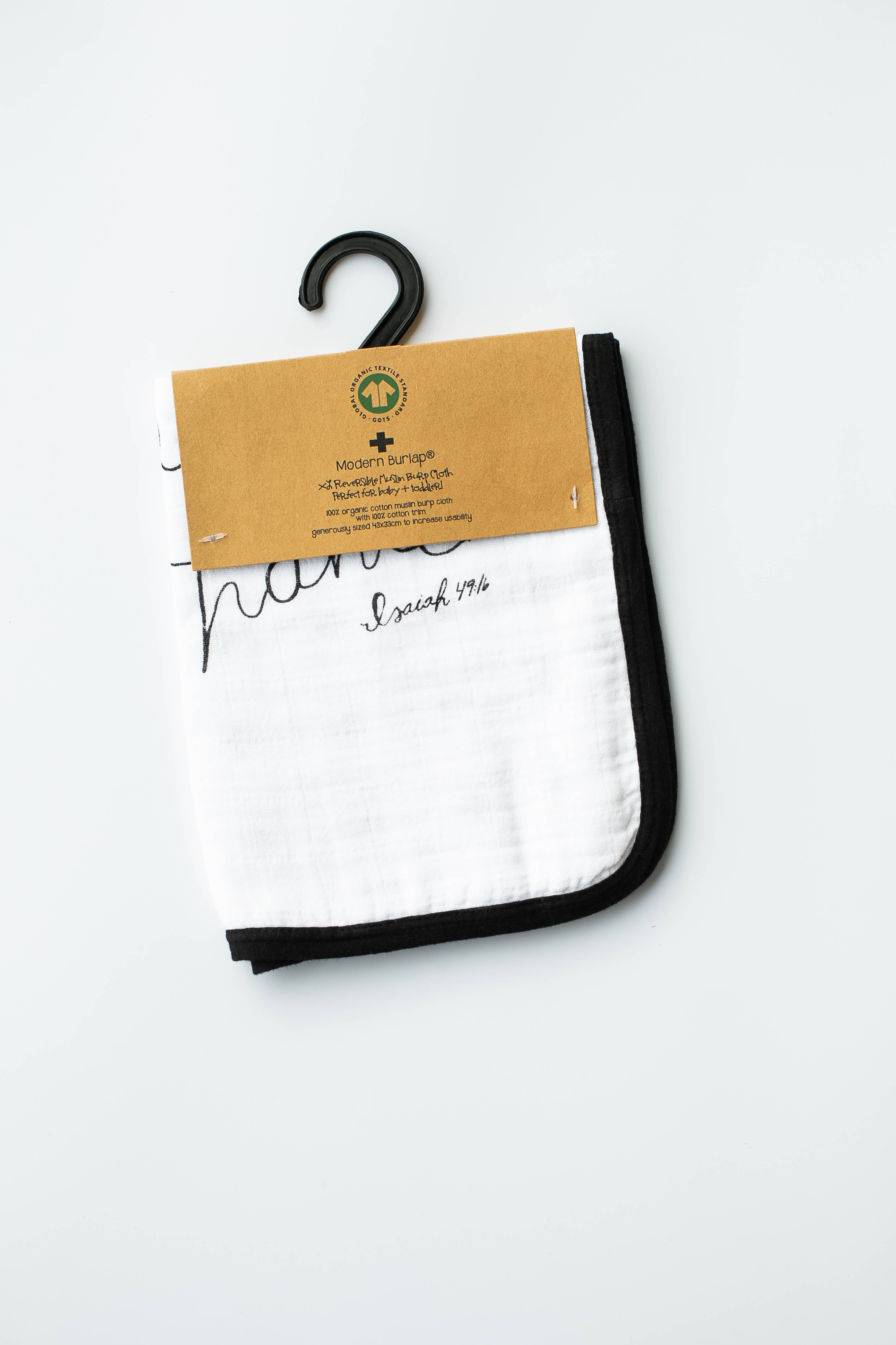 Modern Burlap – wholesale Burp cloth – Baby – Organic Burp Cloth - Reversible Isaiah 49:16  +  Swiss Cross1