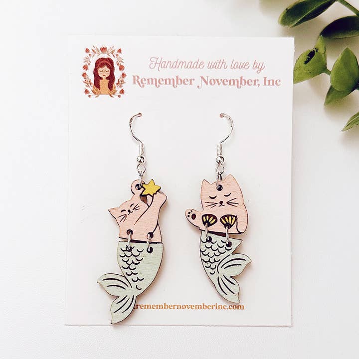 Mermaid Cat Earrings, Handmade for wholesale by Remember November, Inc