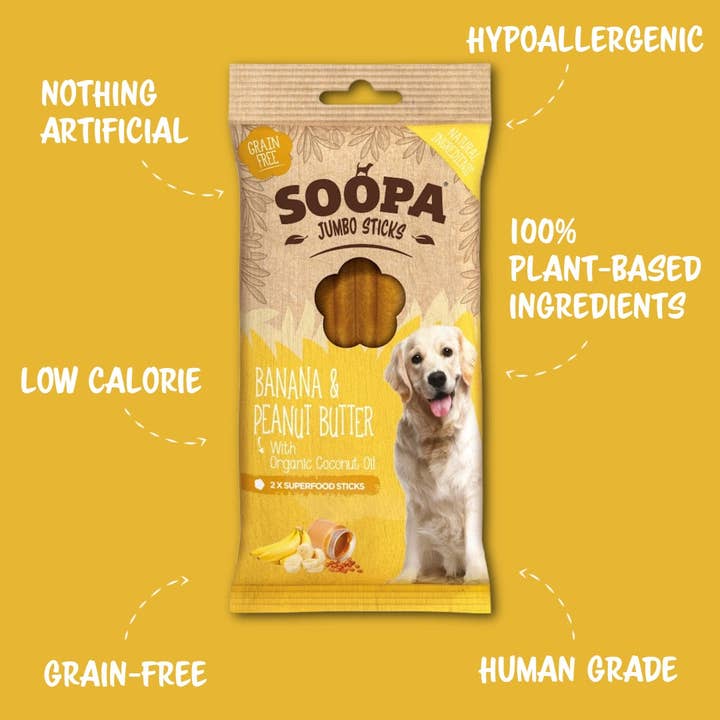 Soopa Europe - Vendita all'ingrosso Snack - Cani - Bastoncini dentali jumbo per cani al gusto banana e burro di arachidi