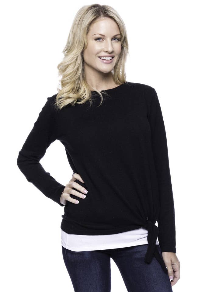 Cashmere Blend Bateau Neck Sweater with Hem Tie - Black for wholesale by Tocco Reale