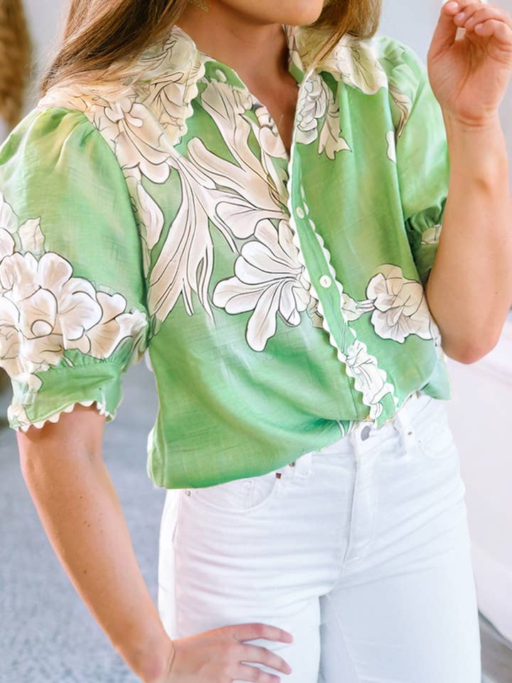 Little Daisy Closet - Wholesale Button Down Shirt - Women's - LDC Floral Ric Rac Edge Puff Sleeve Button Up Summer Shirt