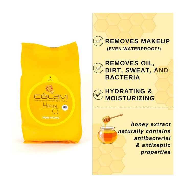 PINEAPPLE Beauty – wholesale Face & body wipes – Celavi MT006 Honey Makeup Cleansing Towelette - 6pc