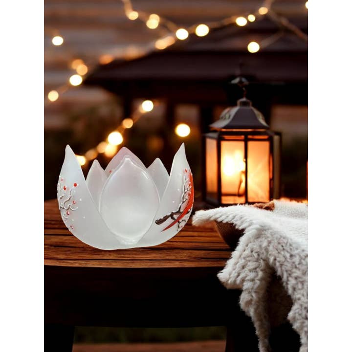 Glass by Iness - Wholesale Candle Holder - Frosted Glass Lotus Blossom Candle Holder - Red Cardinals3