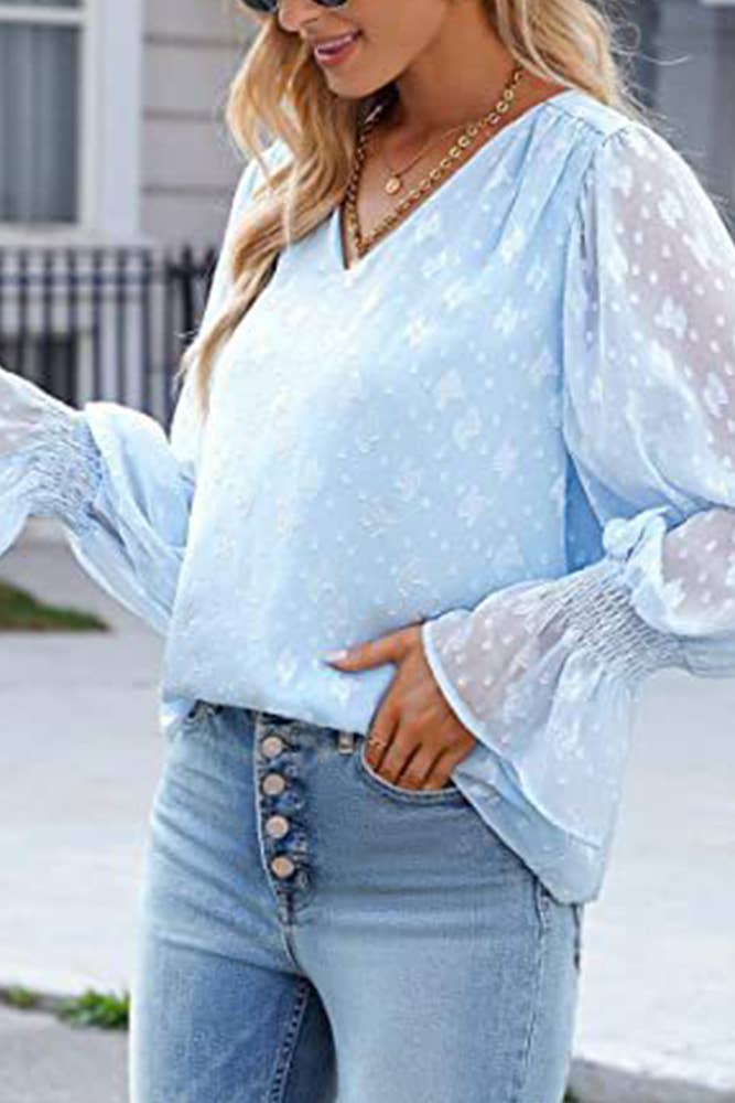UNISHE - Wholesale Blouse - Women's - V Neck Lace Sheer Flare Sleeves Blouse AXR0052
