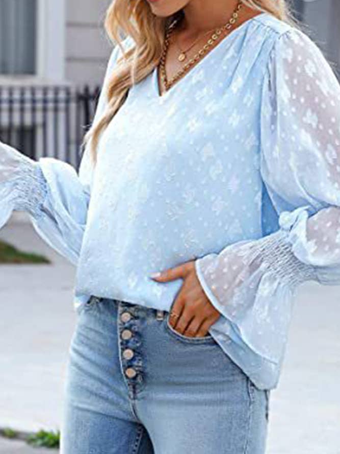 UNISHE - Wholesale Blouse - Women's - V Neck Lace Sheer Flare Sleeves Blouse AXR0052