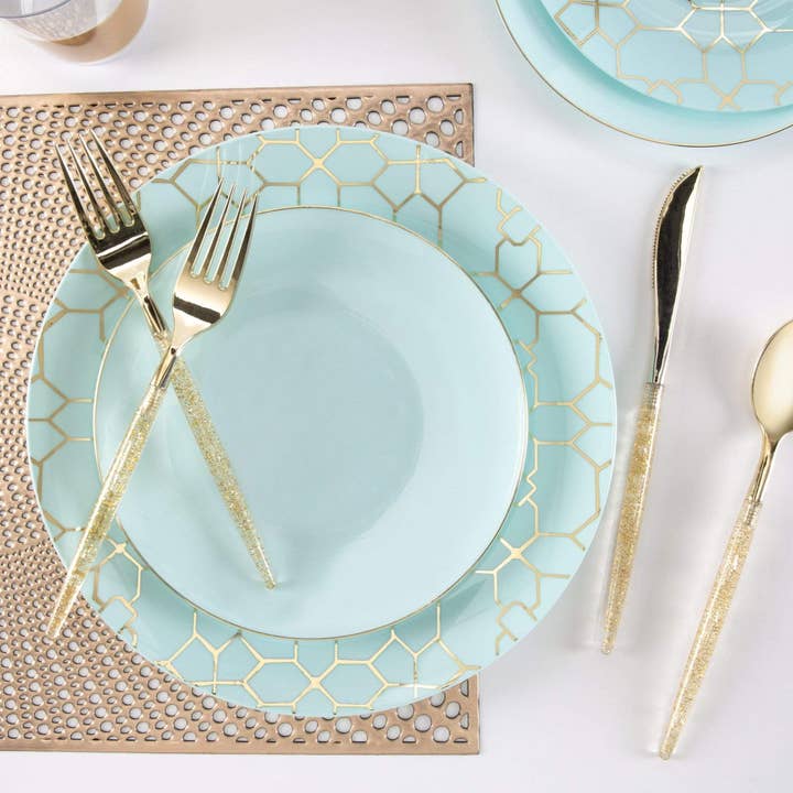 Luxe Party - Wholesale Dinner Plate - Round Mint • Gold Plastic Plates | 10 Pack